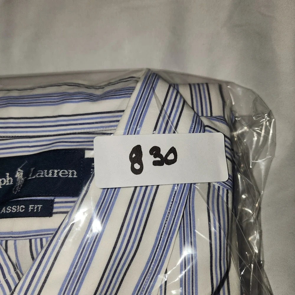 Ralph Lauren‎ Classic Fit Mens 17.5 34/35 Blue White Striped Button Down Shirt